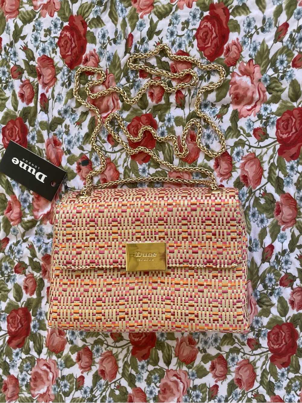NWT Dune London Pink Orange Woven Crossbody Chain Shoulder Bag Flap Gold